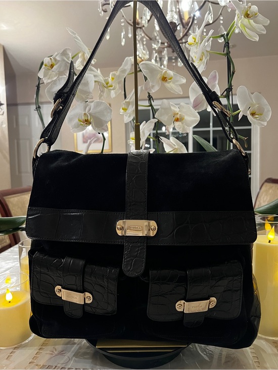 Furla Handbags - Furla Black Suede Croc Embossed Leather Shoulder Satchel Bag